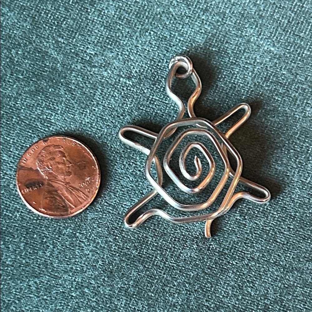 Handmade Spiral Sun Turtle
 Wire Pendant in Silver Tone